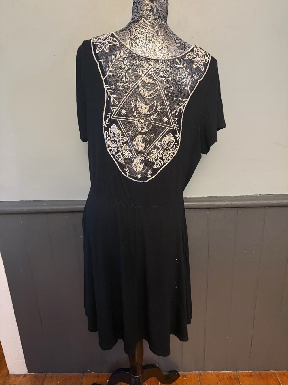 Black Scoop-Neck Mini Dress with Pockets and Sheer Detailed Moon Phase Back